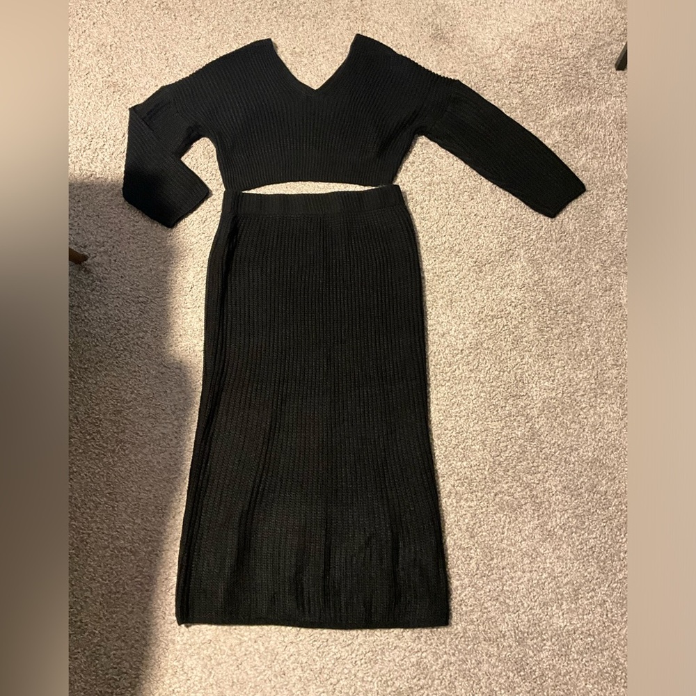 Black sweater off shoulder top and midi skirt set